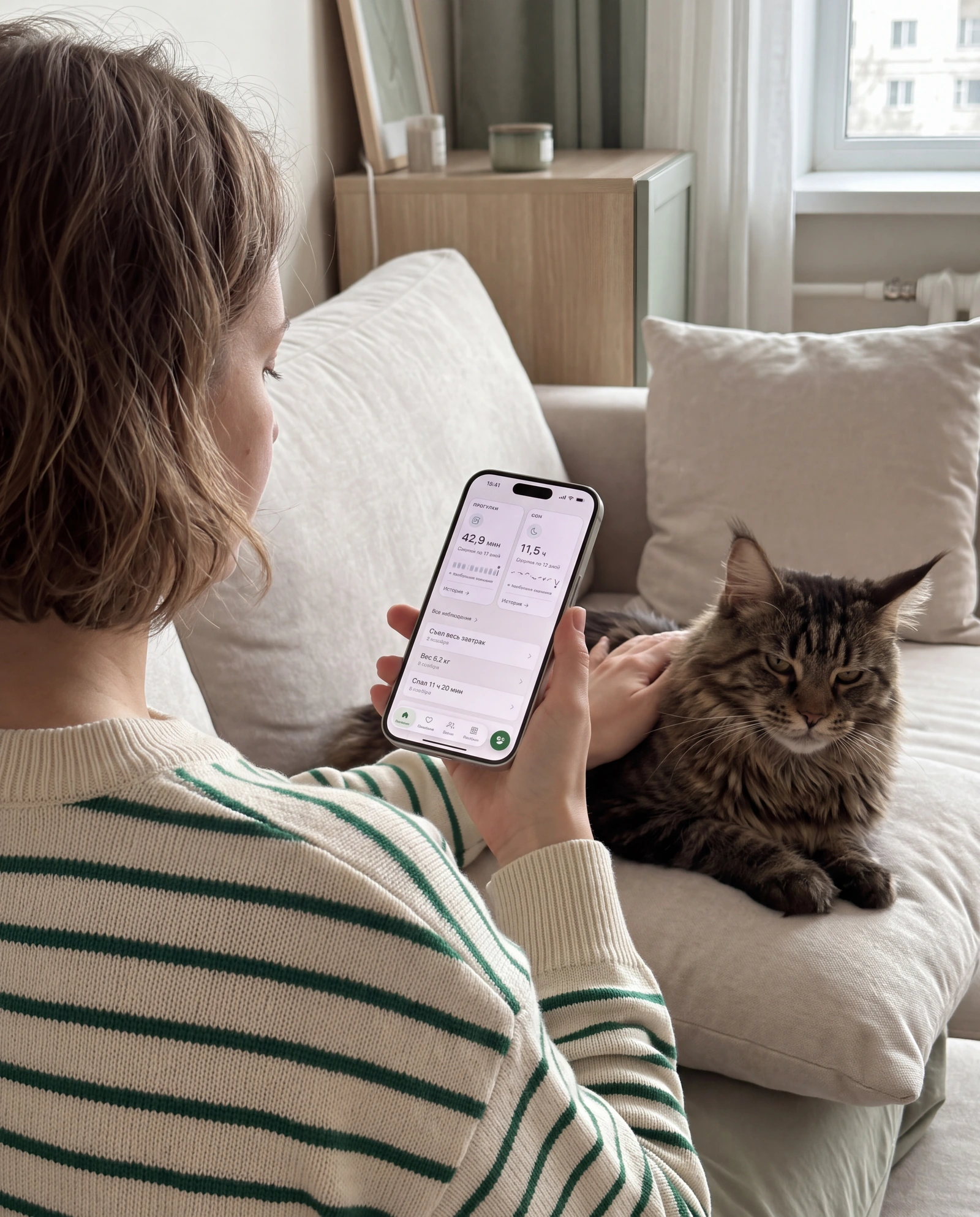 Хозяйка смотрит графики прогулок и сна Pawmi на iPhone 17 Pro и гладит кота на соседней подушке